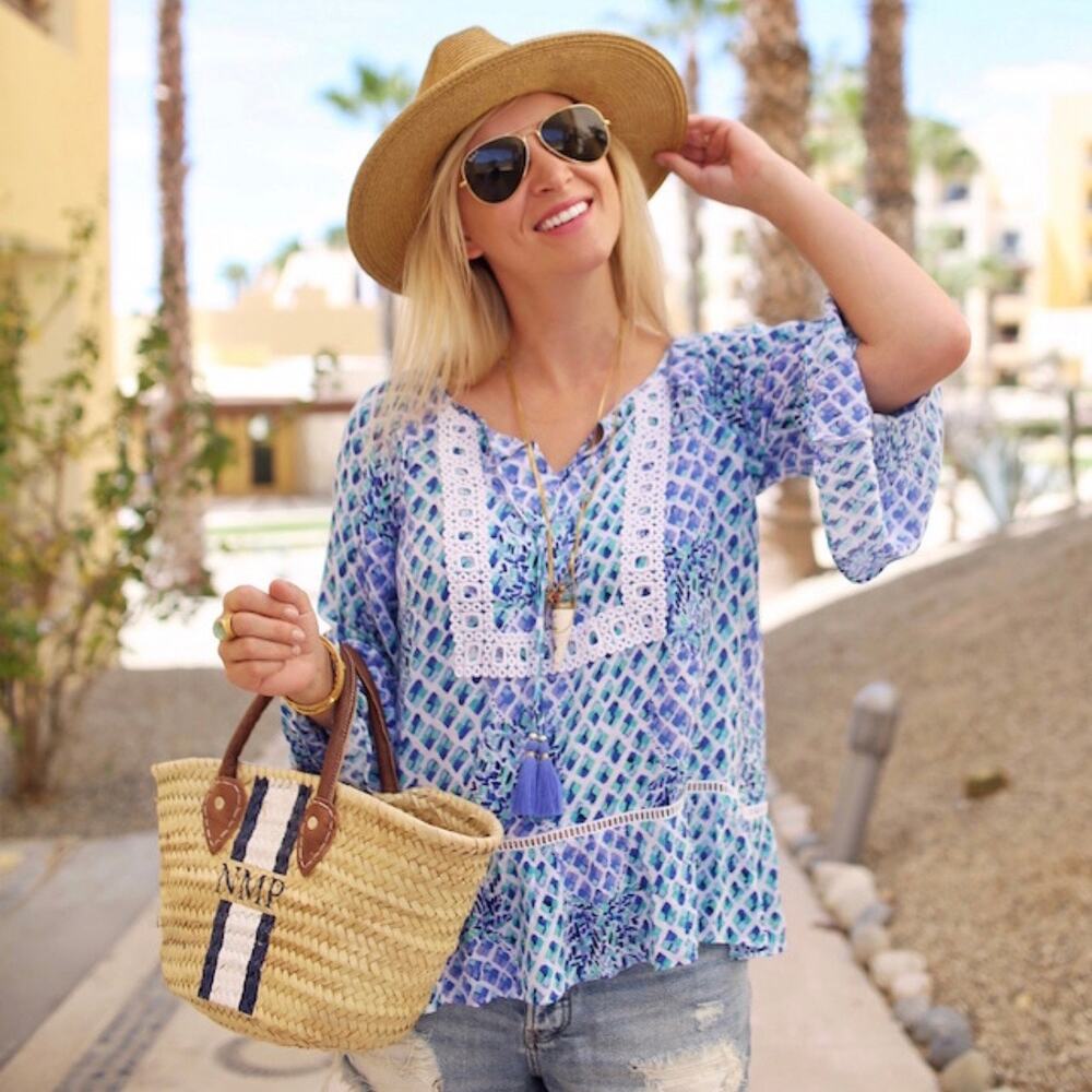 Lilly Pulitzer Amisa Tunic Top Bell Sleeve Crochet Trim Boho Flowy Top Small - Picture 2 of 11